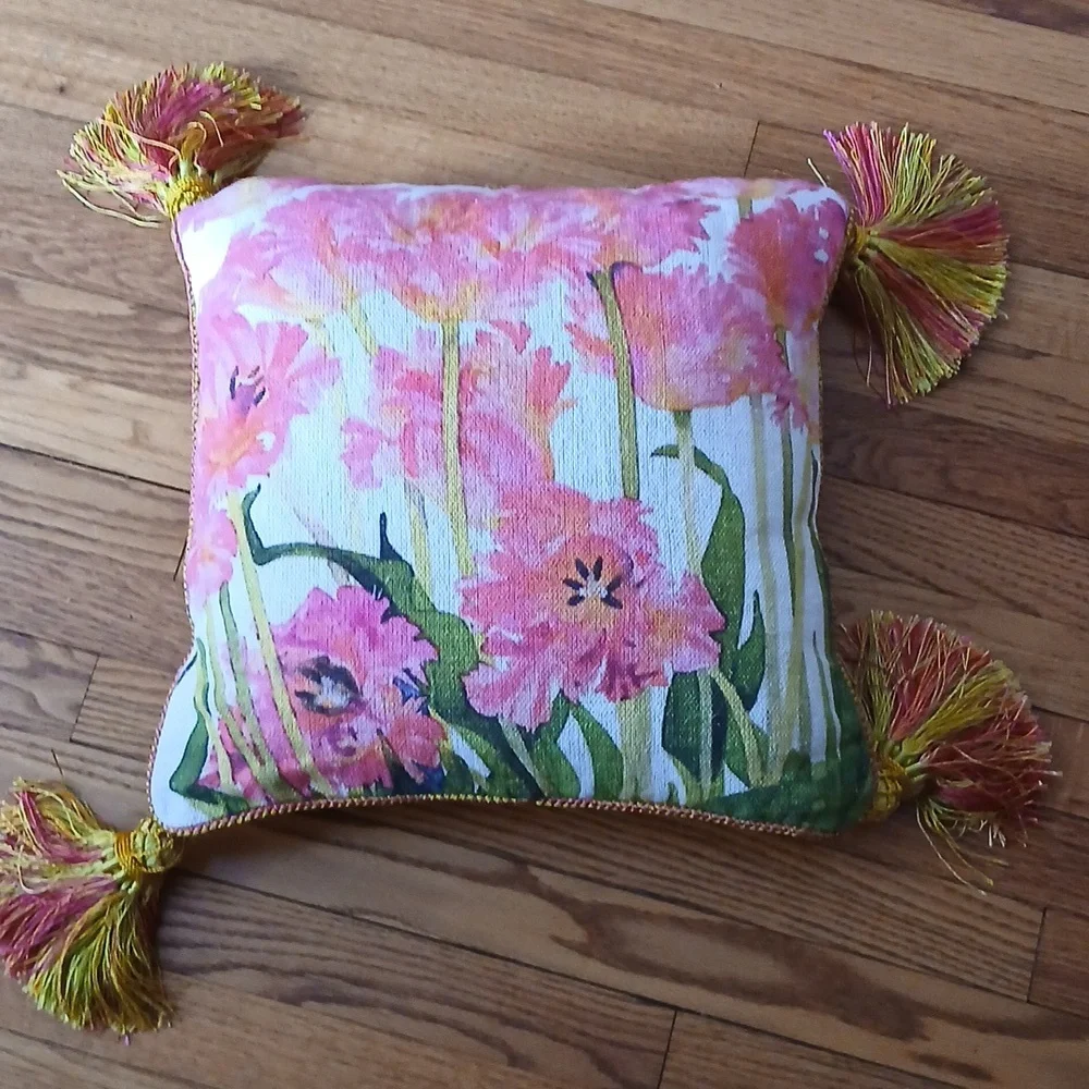 Mackenzie-Childs Parrot Tulip Check Tassled Pillow ■ Retired Vintage Design